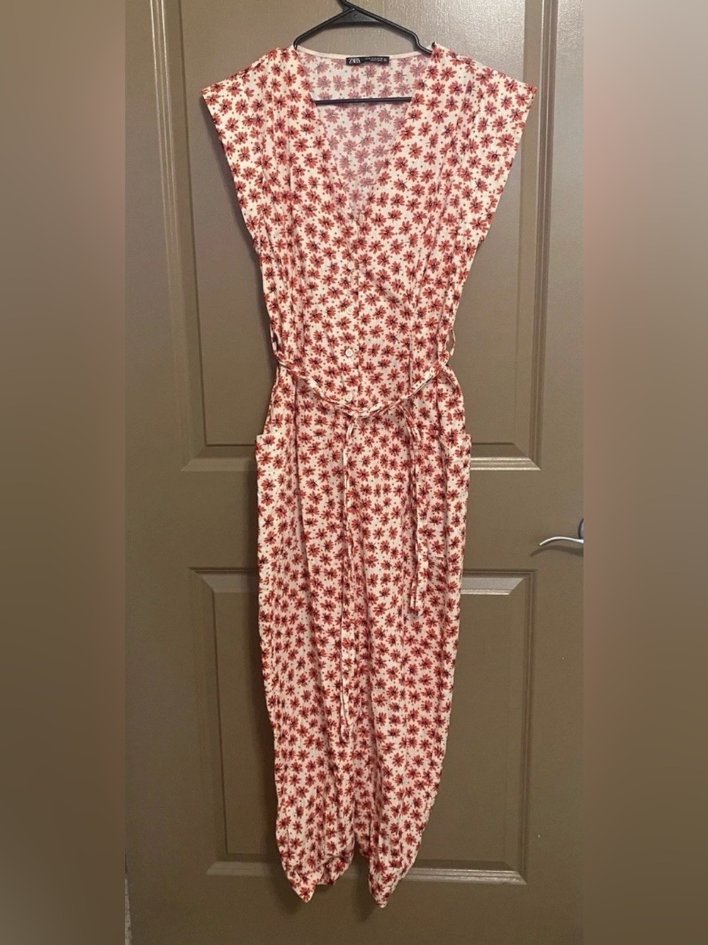 Zara White and Red Floral Belted Sleeveless Jumpsuit